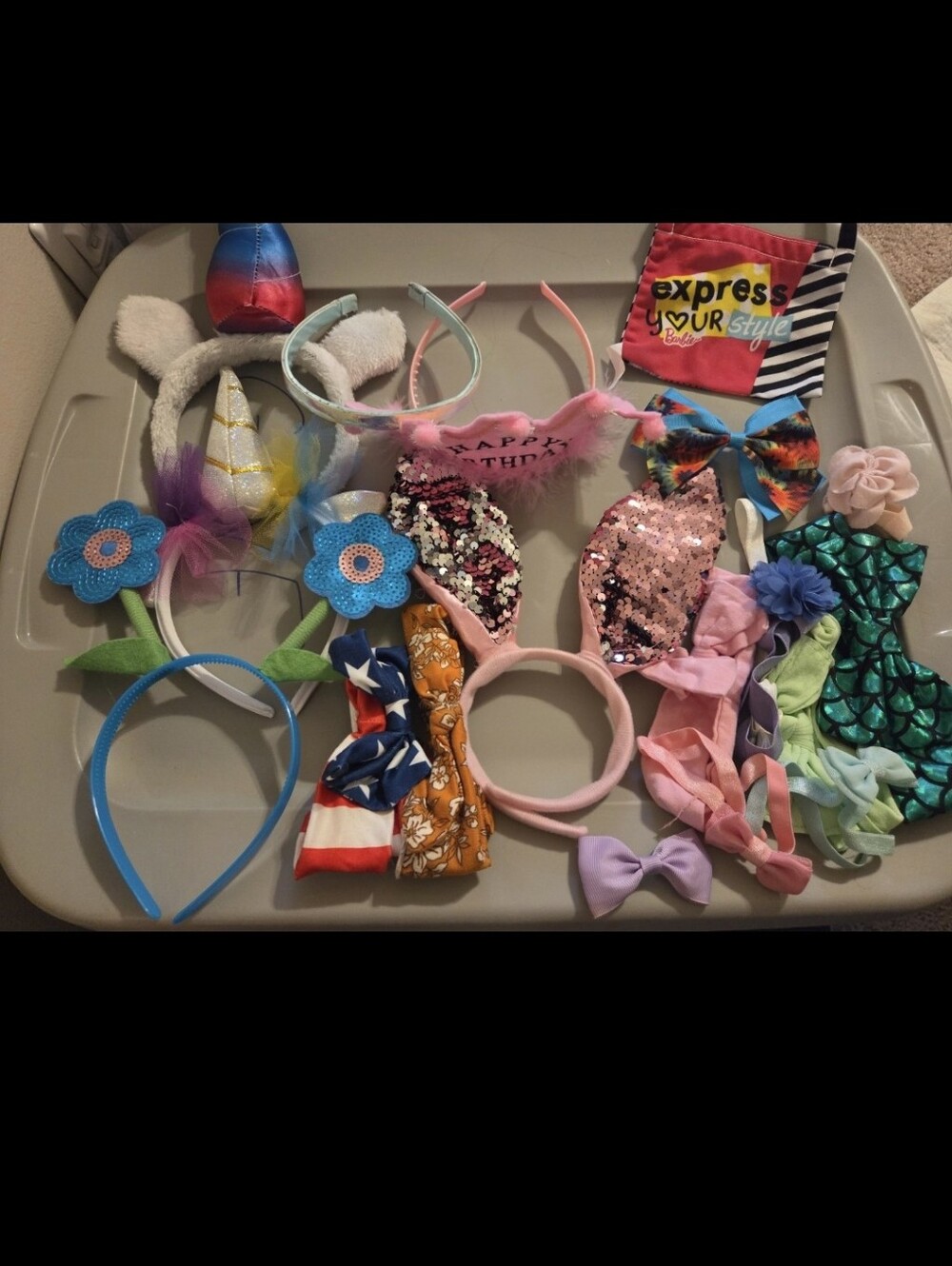 Lot huge bundle of hair accessories headbands & bows birthday crown & barbiebag